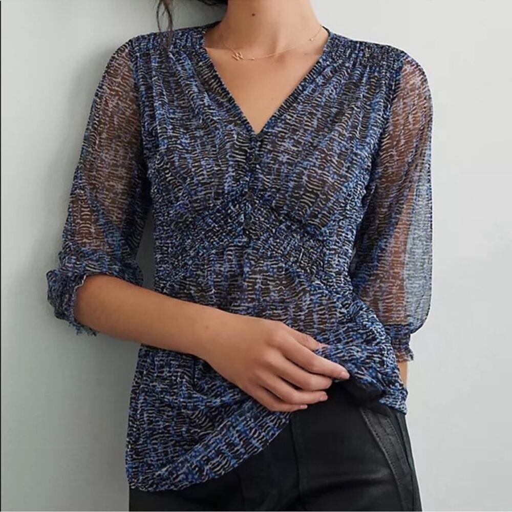 Anthropologie Gretchen Smocked Sheer top blouse Vneck